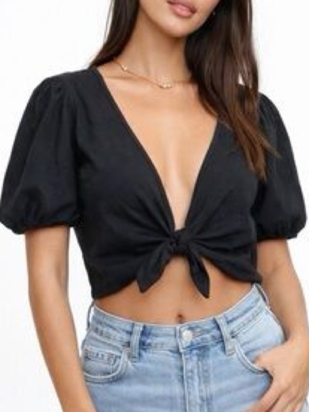 Aritzia Sunday Best Women Puff Sleeve Tie Front Cropped Bambi Top Black M Dainty